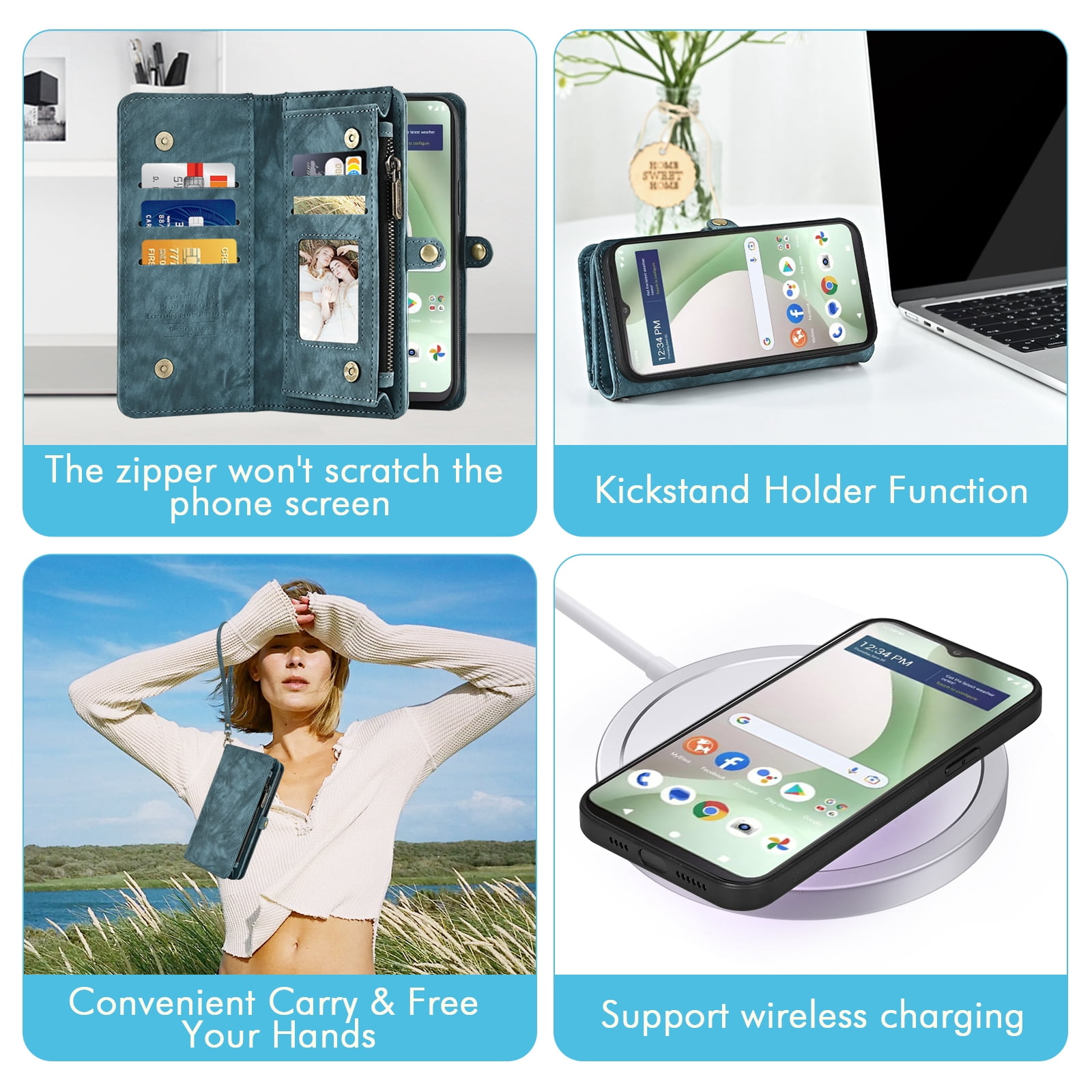 Asuwish Phone Case for Tracfone BLU View 5 B160V Zipper Wallet Detachable Cell Cover with Tempered Glass Screen Protector Crossbody Strap Flip Card Holder Trac Fone BLUE View5 160V 2024 Women Blue