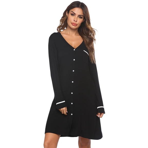 Ekouaer Womens Nightgown V-Neck Sleepwear Long Slevee Button Down Nightshirt Blue