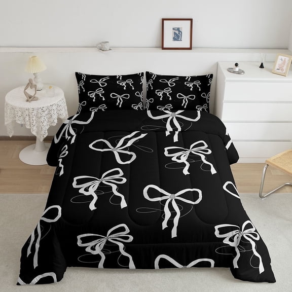 Erosebridal Bowknot Bedding Full Comforter Set for Teens, Cute Bow Down Comforter, Black White Reversible Comforters & Duvets, Lightweight Room Decoration, 3-Piece