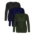 thumbnail image 3 of Essential Basic Women's Junior Size Vneck Tshirt Long Sleeves Shirt Tee, Medium, 3Pk Black, Navy, Olive, 3 of 5