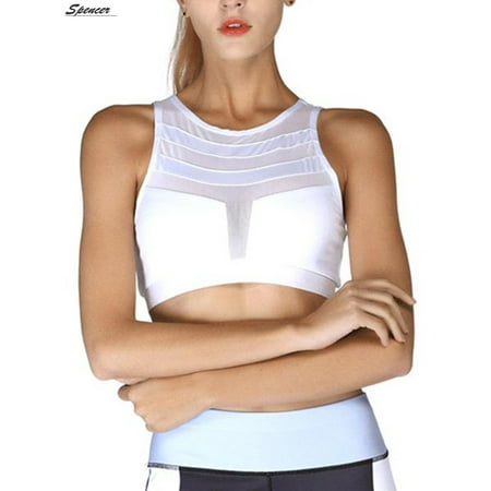 Sports Bra Mesh Spencer Women's Workout Sport Bra High Impact Support Padded Yoga Bra Backless Mesh Racerback Crop Tank Top (L,White) ()