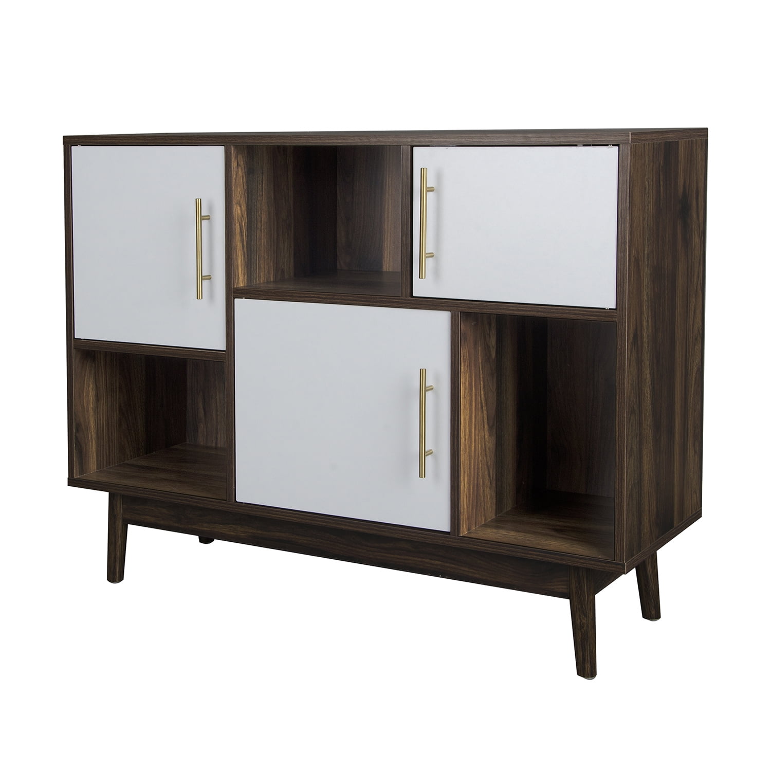 Private Jungle TV Cabinet Storage Organizer, 3 Cubes Wooden Storage Cabinet with 3 Doors, Floor Standing Accent Cabinet with Legs,Walnut+White