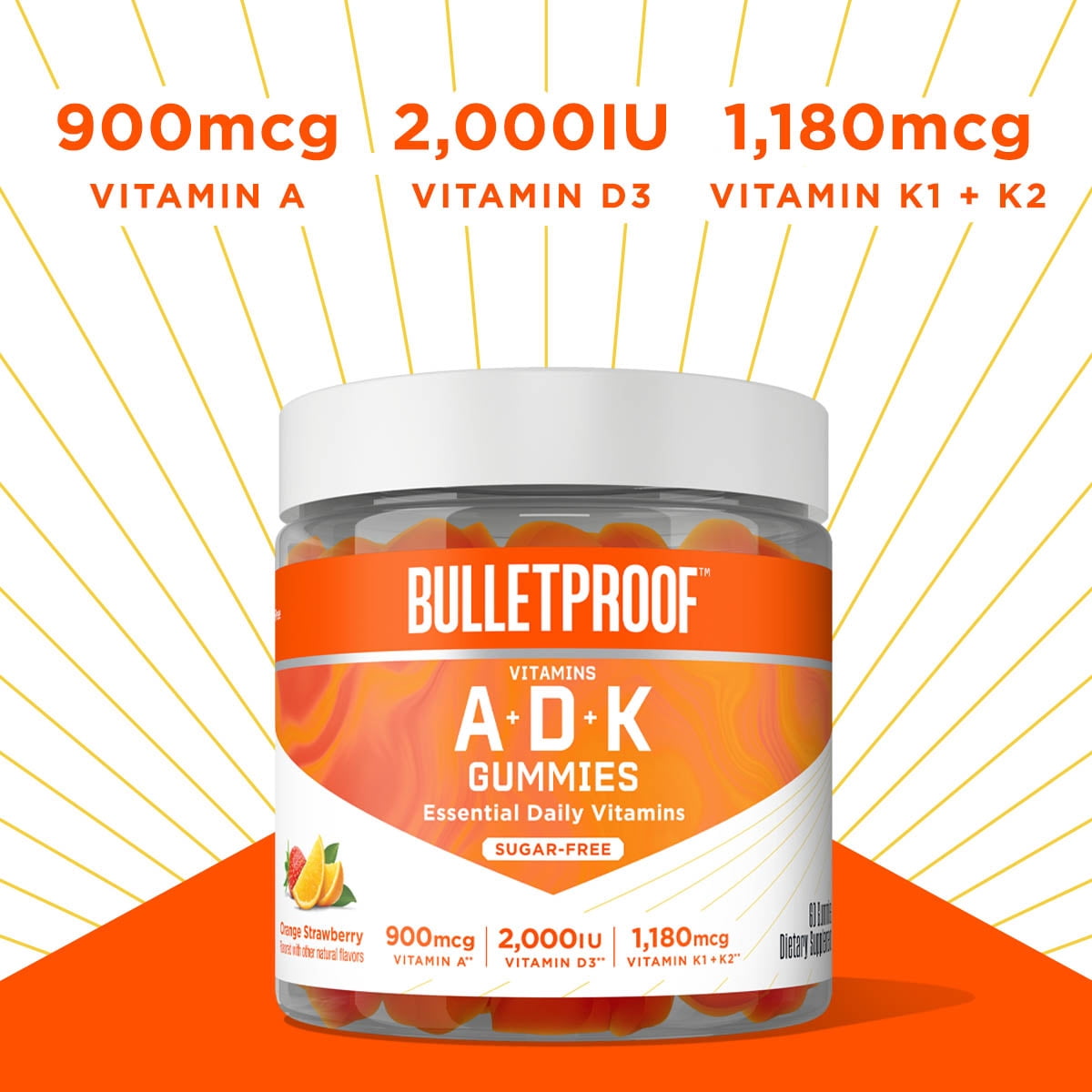 Bulletproof A+D+K Sugar-Free Orange Strawberry 60 Gummies Keto Supplement for Heart, Bone and Immune Support