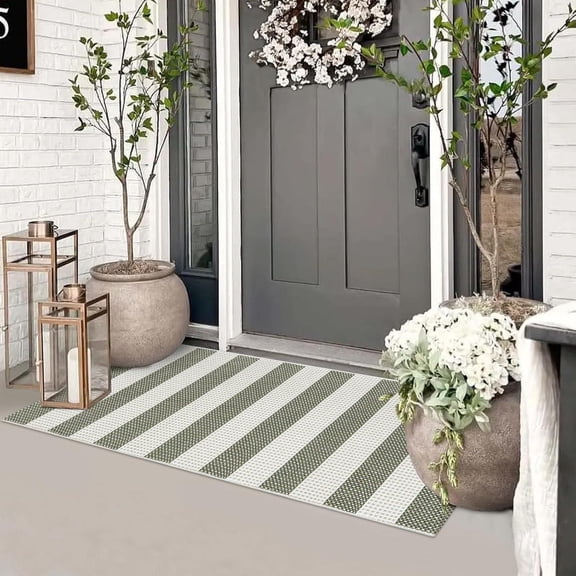 Green and White2x4.3 Washable Porch Rug Runner,Cotton Hand Woven Indoor Outdoor Rugs,Foldable Farmhouse Layered Door Mats for Entryway