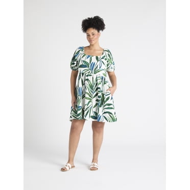 Time and Tru Women's and Women's Plus Tie Back Mini Dress with Puff Sleeves, Sizes XS-4X