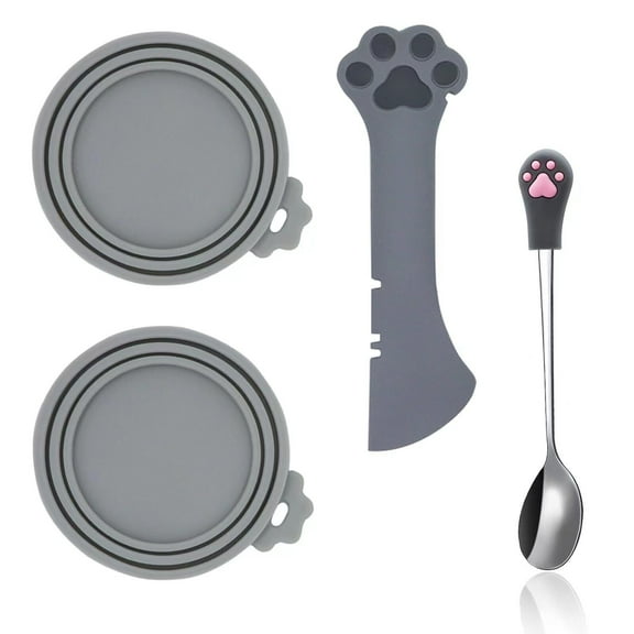 4pcs Cat Food Can Spoons Can Opener Can Lids Silicone Pet Food Can Covers(Grey)
