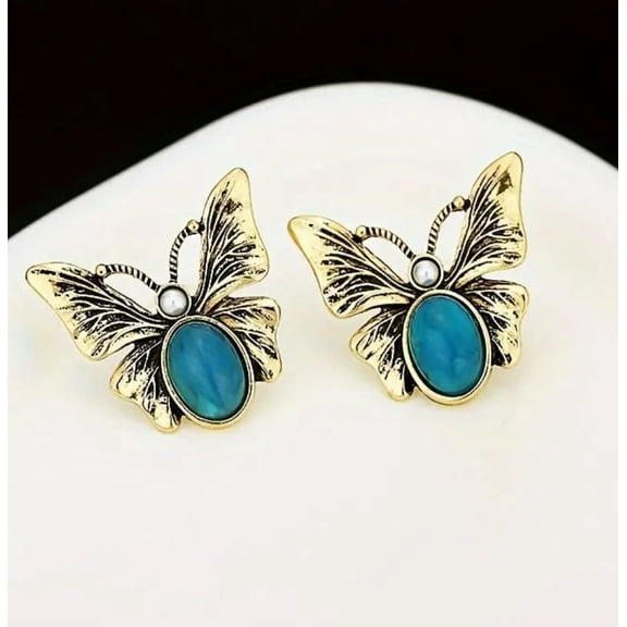 Clip on 1 1/2" gold and turquoise stone butterfly button style earrings
