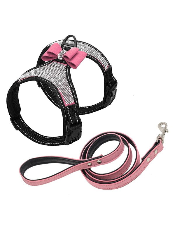 Reflective Dog Harness Nylon Harnesses Vest Bling Rhinestone Bowknot Accessories 