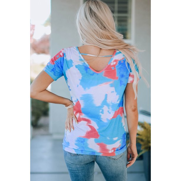 ABPHQTO Top de mujer azul cielo con detalle de jaula y teñido anudado