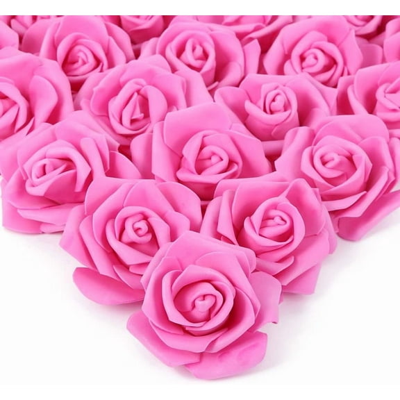Artificial Rose Flower Heads, Real Looking Hot Pink Foam Fake Roses for DIY Wedding Baby Shower Centerpieces Arrangements Party Tables Home Decorations (Hot Pink, Stemless)