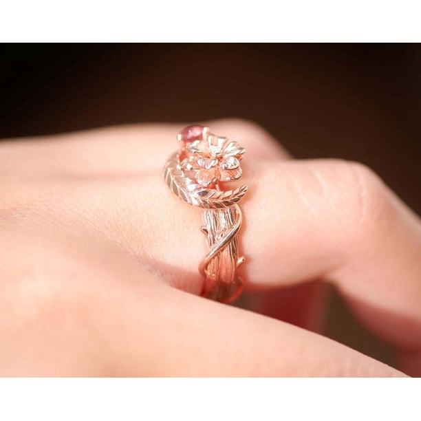 Unique Flower Ring, Floral Ring in 10K Rose Gold Over Silver