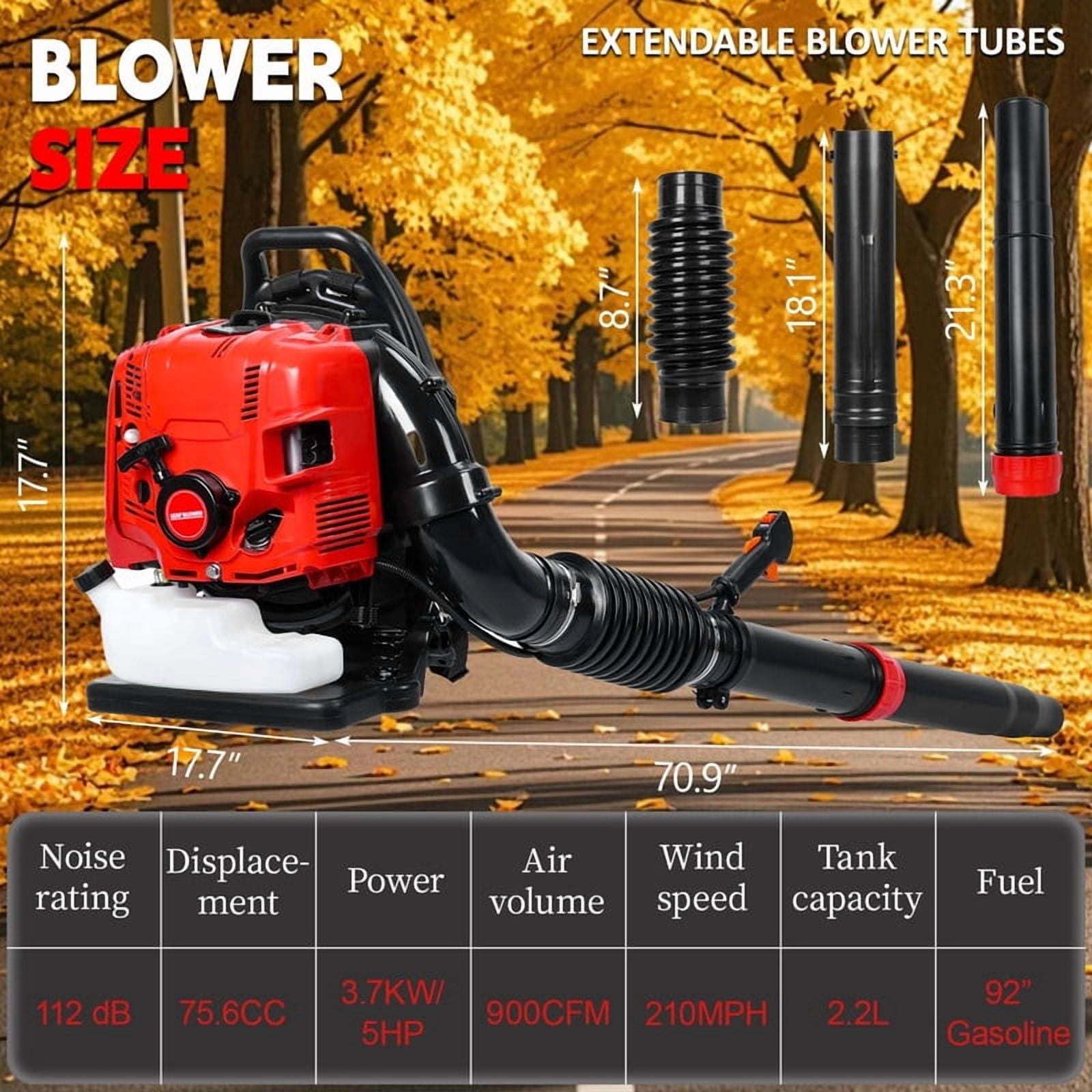 75.6CC Backpack Leaf Blower – Gas Powered 5HP 4-Cycle 900CFM 210MPH High Airflow, Ergonomic Design, Low Vibration, and Cruise Control, Leaf Blower for Lawn Care