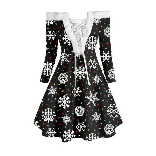 Robes à Épaules Dénudées pour Femmes à Manches Longues Robe de Noël Imprimée à Lacets Ligne A Évasée Cocktail Vacances Robe Courte