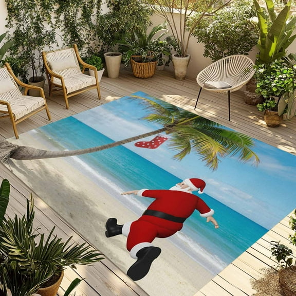 Fsddascl Coastal Christmas Santa Outdoor Rug for Patio/Deck/Porch, Non-Slip Large Area Rug 6 x 9 Ft, Xmas Stocking Palm Tree Beach Indoor Outdoor Rugs Washable Area Rugs, Camping Rug Carpet Runner