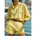 thumbnail image 4 of Jaimenalin Womens Solid Color 2 Piece Outfits Long Sleeve Lapel Button Loose Fit Top Mini Shorts Summer Set Light Yellow L, 4 of 5