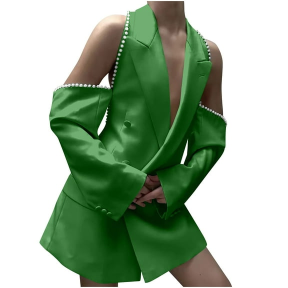 Womens Suit Jacket Y2k Cold Shoulder Beaded Long Sleeves Loose Comfy Business Party Blazer Casual Coat Tops Green Large