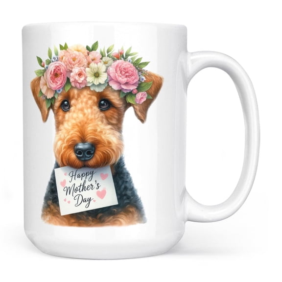 Happy Mother's Day Airedale Terrier with Flower Crown and Greeting Card Mug Dale Waterside Dog Lover Coffee Tea Cup - 13004