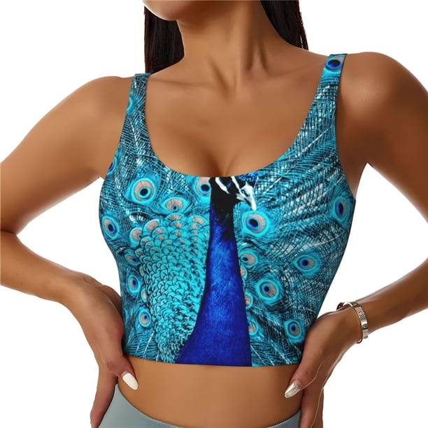 Balery Beautiful Blue Peacock Sujetadores deportivos con espalda cruzada para mujer, acolchados, sin costuras, de alto impacto, ideales para yoga, gimnasio, entrenamiento y fitness.-