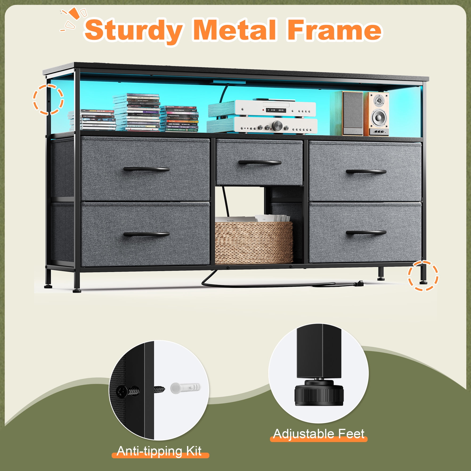 Wide Dresser with 5 Drawers for 50" TV Stand with Power Outlets & LED Lights & Entertainment Center,Dressers for Bedroom with Shelves for Living Room, Sturdy Metal Frame, Grey