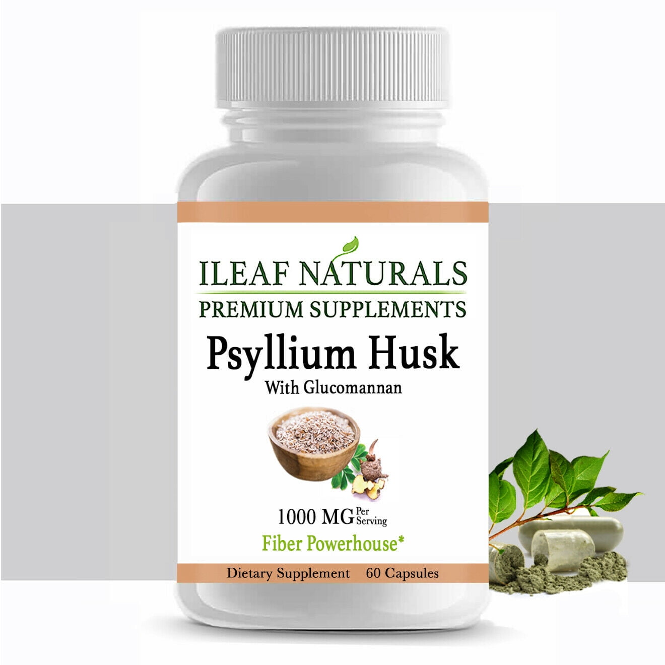 Ileaf Naturals Psyllium Husk with Glucomannan - 60 Veggie Capsules
