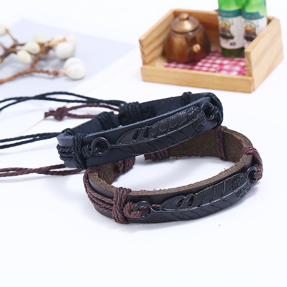 CN_ Men Leather Feather Adjustable Rope Braided Bracelet Wristband Jewelry Uti 