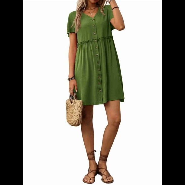 Vestido Bohemio de Fiesta para Mujer, de Corta, con Botones, Escote en V y Bolsillos, Color Verde Alga XL
