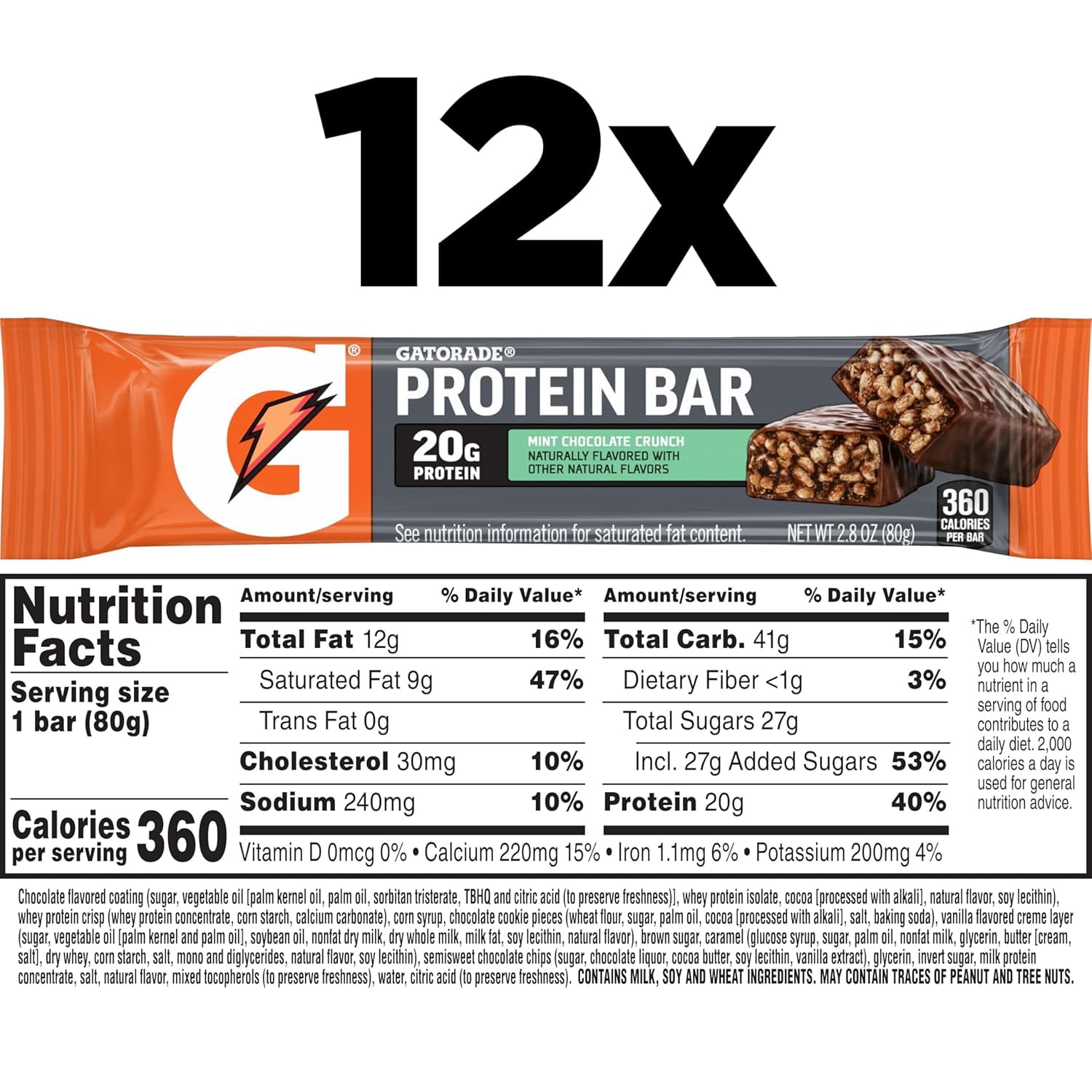 Gatorade Protein Bars, Mint Chocolate Crunch, 2.8 oz Bars, 12 Pack