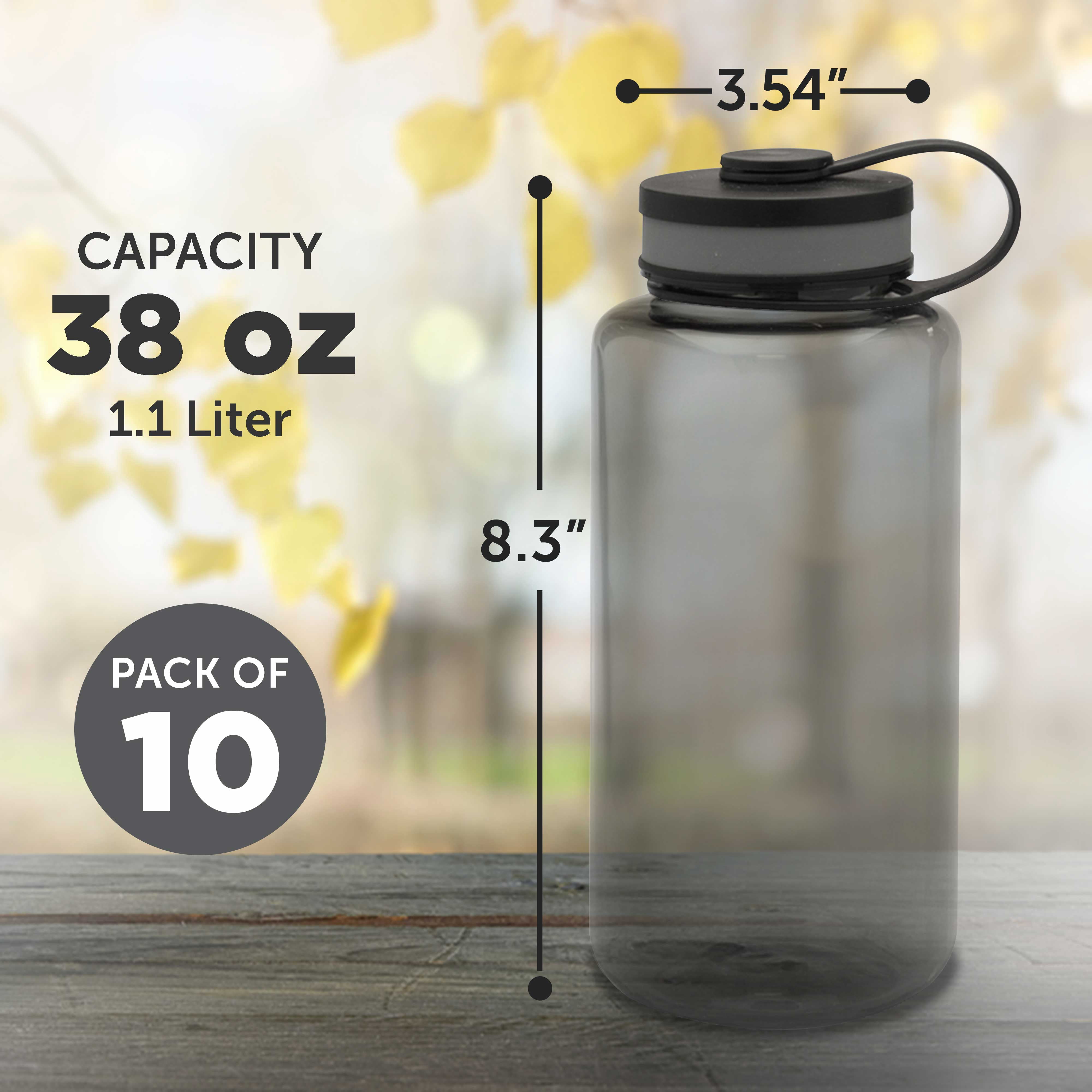 Plastic Sports Water Bottles with Flip Lid 38 oz. Set of 10, Bulk Pack - Great for Gym, Hiking, Cycling, Camping, Backpacking, School - Smoke