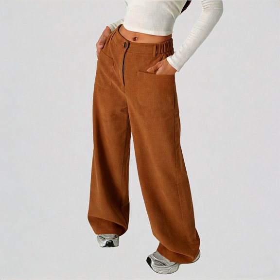Krdevn Kids Girl's Solid Corduroy Wide Leg Pants Button Front Zipper Straight Pants with Pockets for Youth,13-14 Years