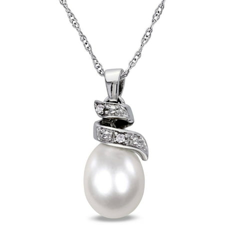 Miabella 6.5-7mm White Cultured Freshwater Pearl and Diamond-Accent 10kt White Gold Swirl Pendant, 17