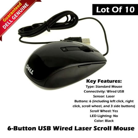 Lot of 10 Dell Premium 6-Button USB Black Laser Scroll Mouse - V7623