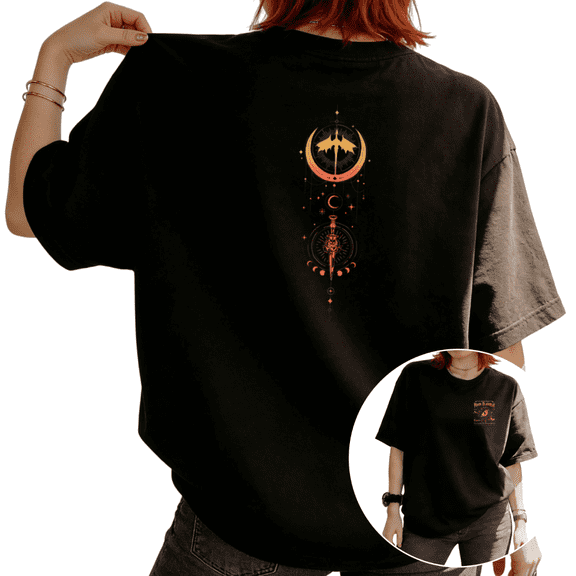 Women Dragon Moon Sword Star Orange Gradient Line Art Back Print Graphic Tees T Shirt Tops Round-neck Printed Cotton T-Shirt Black S-5XL