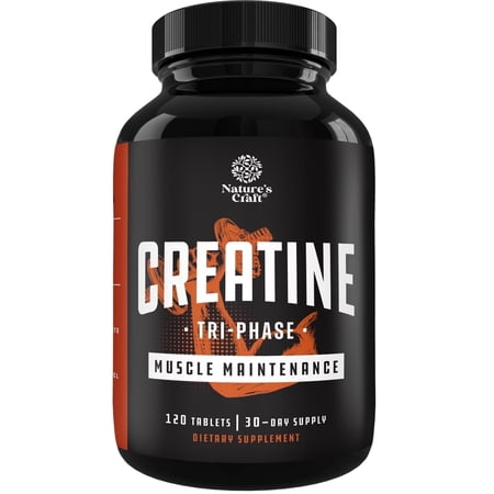 Natures Craft Tri-Phase Creatine Tablets, Pre Workout Supplement for Muscle Mass and Recovery, 120 Ct