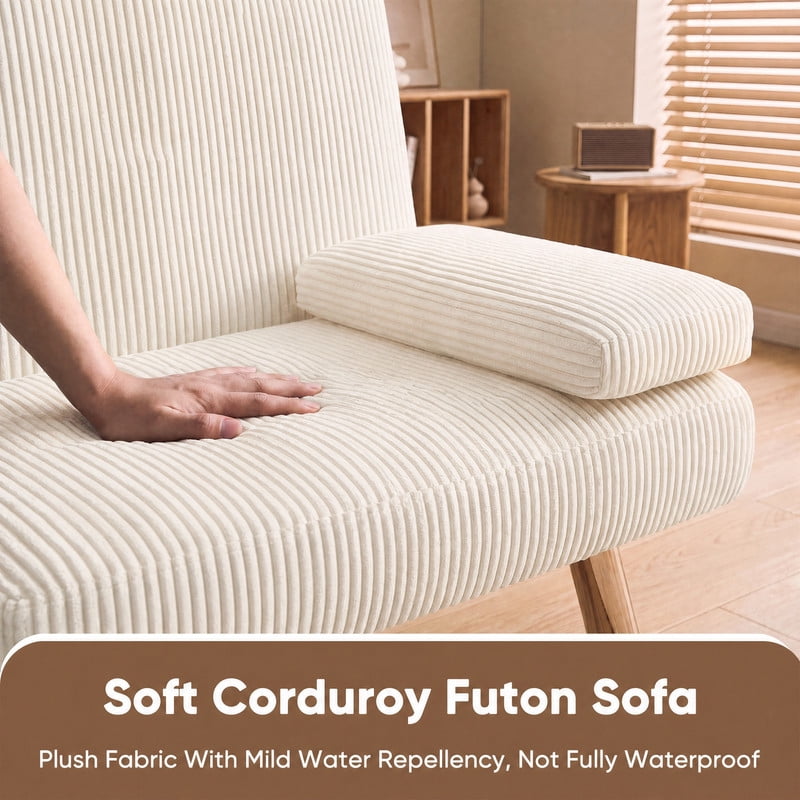 Lacoo Futon Sofa Bed, Corduroy Convertible Couch Sleeper Sofa, Cup Holders, Small Spaces,Beige
