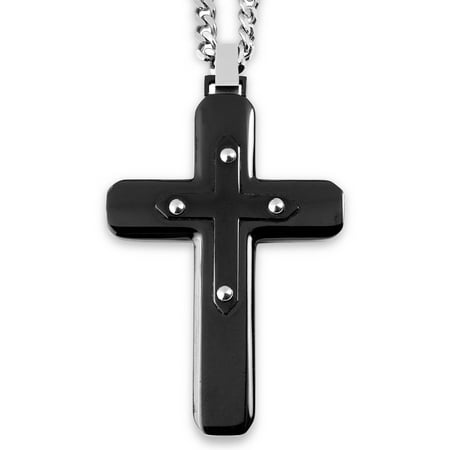 Crucible Black-Plated Stainless Steel Round Edge Layer Accented Cross Pendant