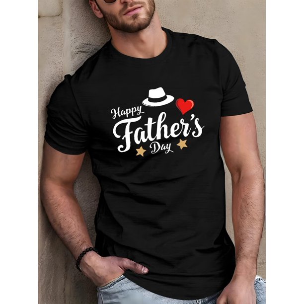Camiseta gráfica del Día del Padre para hombre - Camiseta informal negra de cuello redondo y manga corta con estampado "Feliz Día del Padre", algodón suave y transpirable para actividades al aire libr
