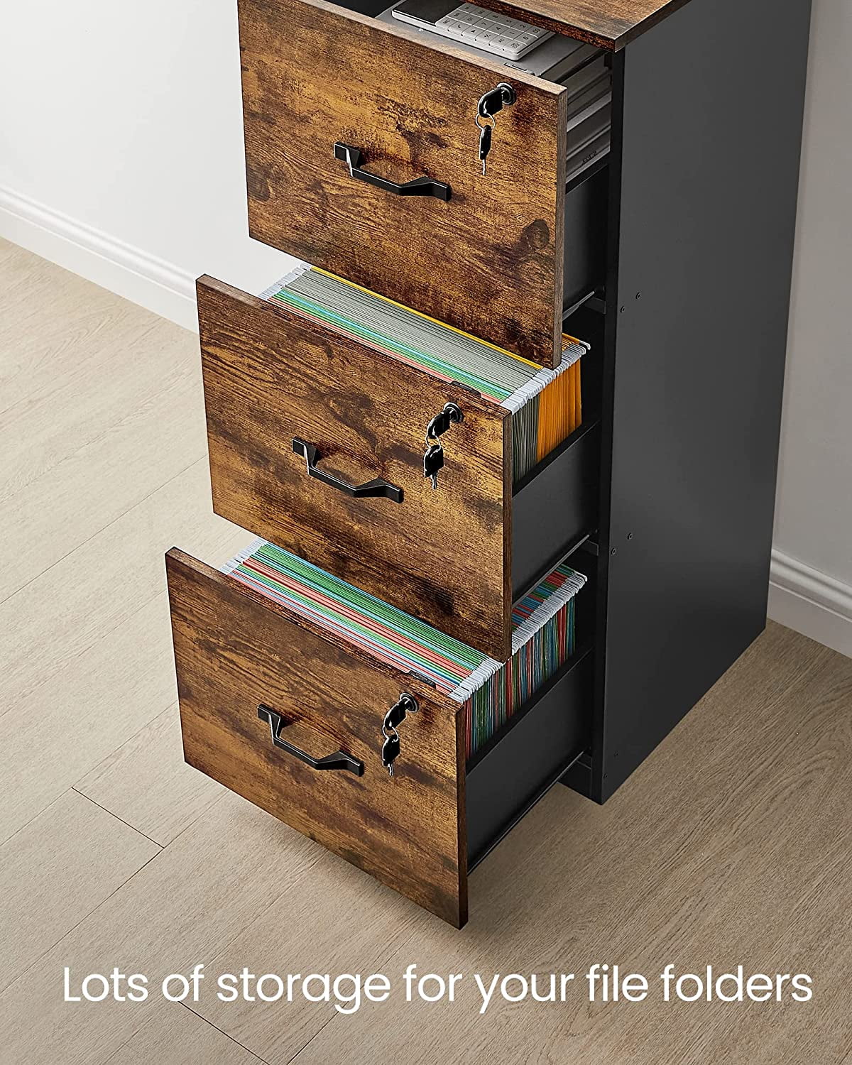 File Cabinet, Printer Stand with 3 Lockable Drawers, Adjustable Hanging Rails, Rustic Brown + Black