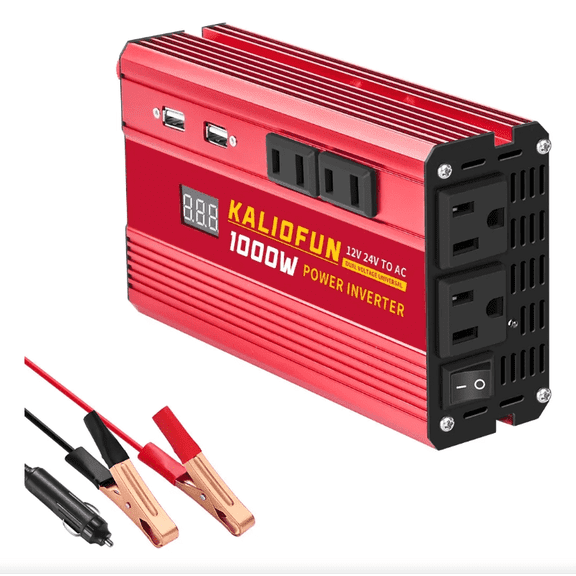 Power Inverter 1000W - 12V/24V Universal Voltage, 110V Output , with LED Display, Red Aluminum Alloy Case