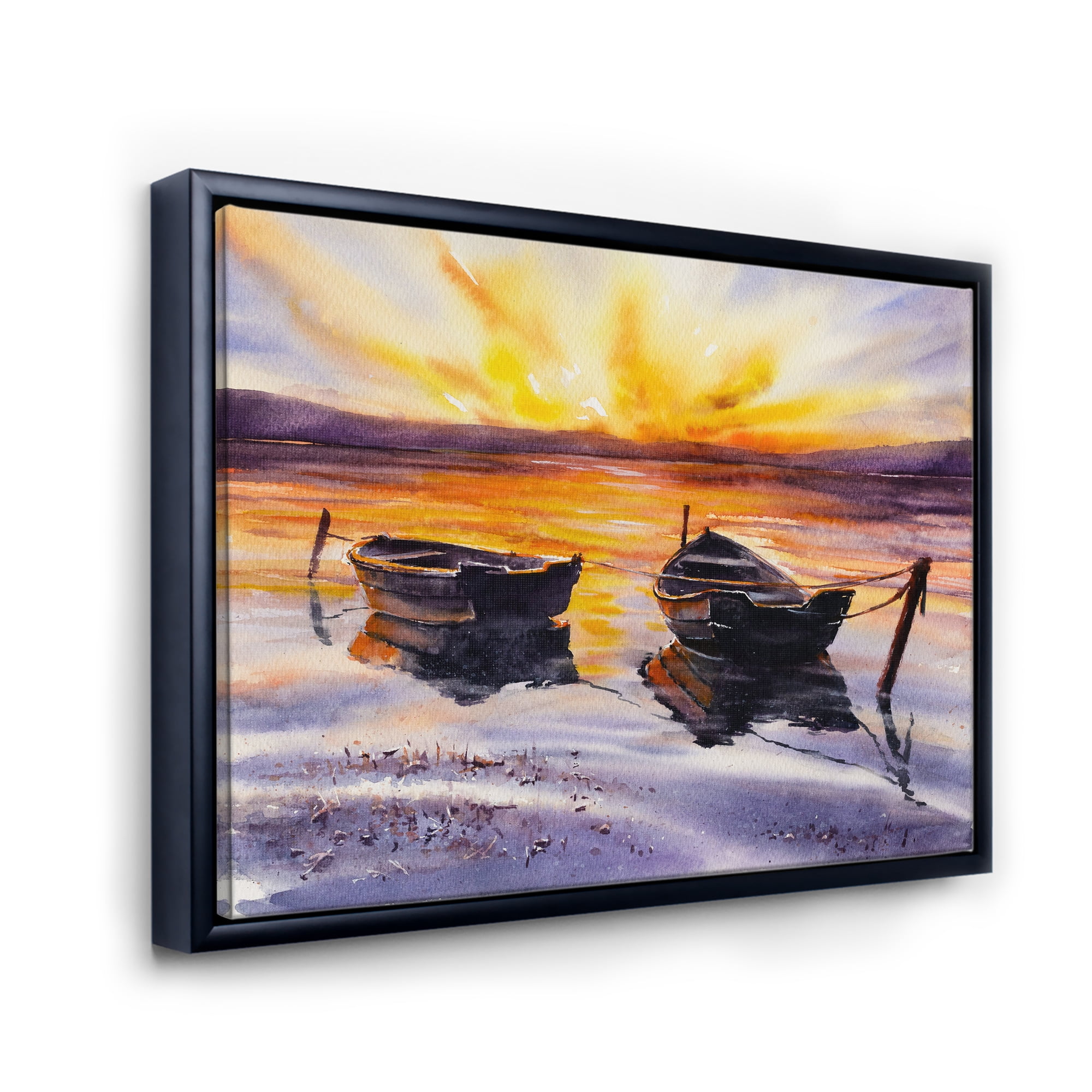 Designart 'Two Small Boats Parking On The Shore and Sunset' Lake House Framed Canvas Wall Art Print