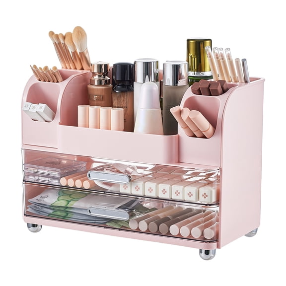 UFORU makeup organizer for Vanity with 2 Large Drawers, Cosmetic Display Case with Brush Holders, Easy to Storage for Bathroom Countertop Skincare,Pink