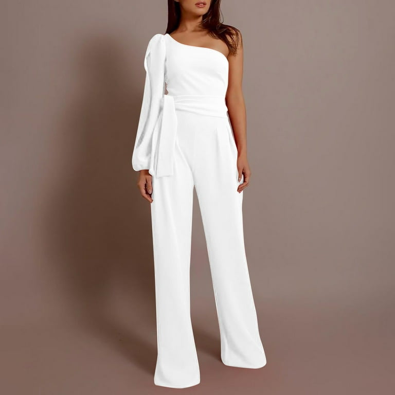 Alrise White Romper Trousers Casual Women's One Shoulder High Tie Solid Long Sleeve Slim Jumpsuit, L - Walmart.com