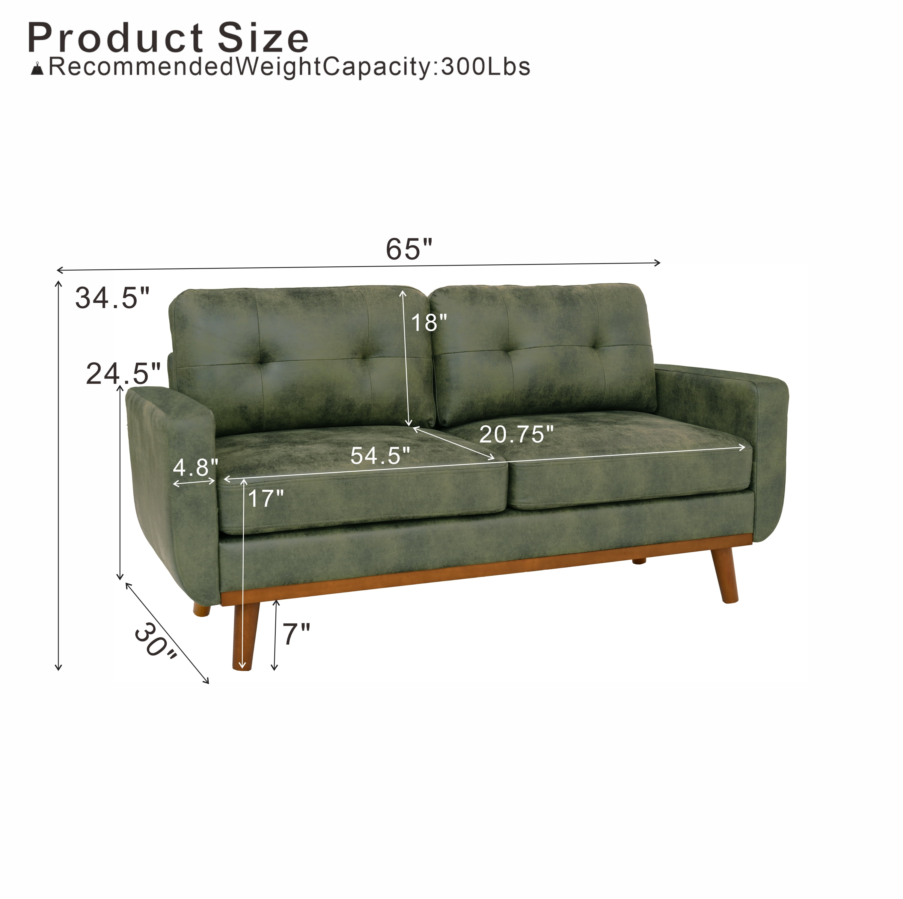 Leumius 65" Modern 2-Seater Sofa Upholstered Loveseat Sofa Couch with olid Wood Legs for Living Room,Apartment,Bedroom,Green