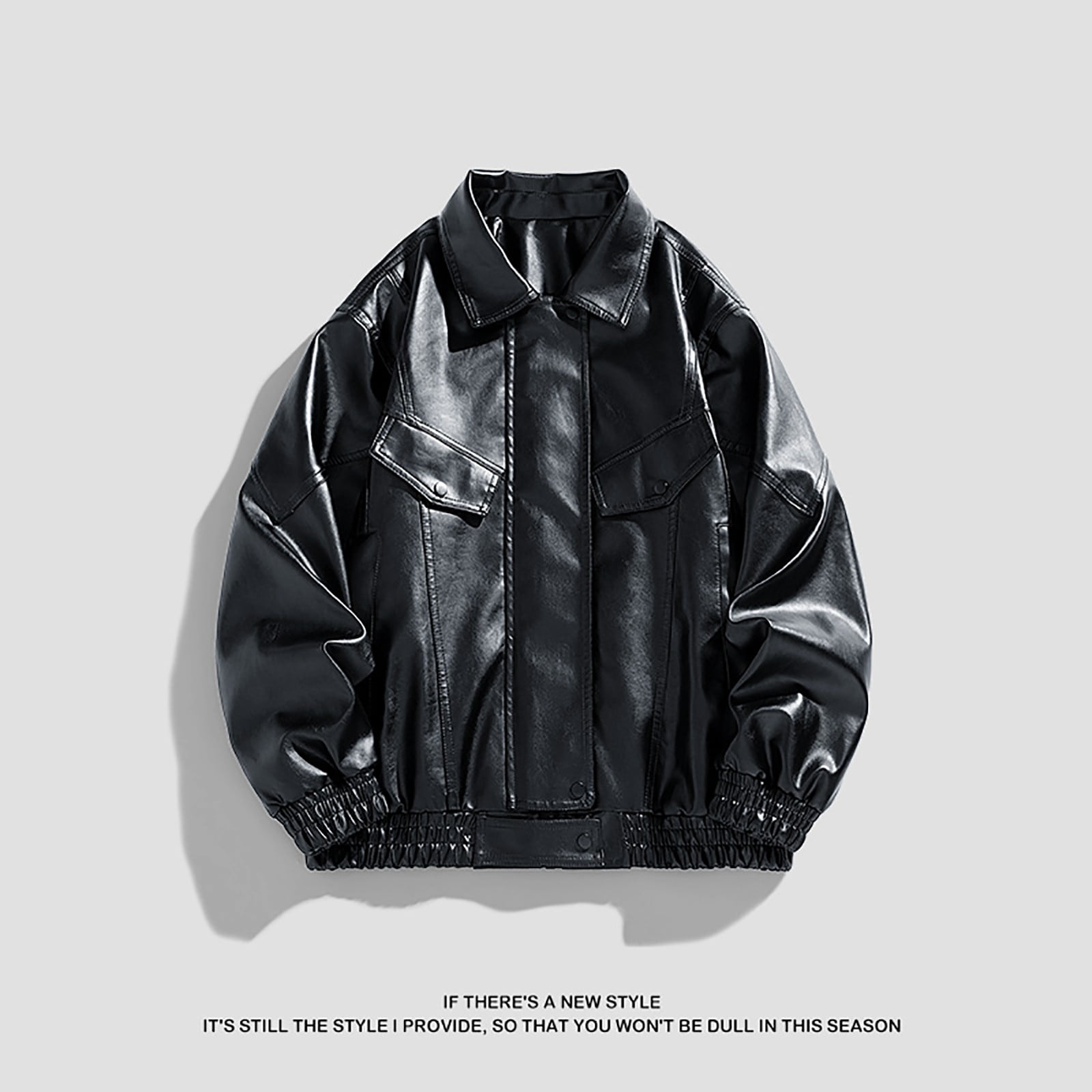 HOOMEUMY Mens Faux Leather Jacket Workout Drop Shoulder Clothes Fashion 2025 Trendy Classic Solid Coat Turndown Collar Design Vintage Loose Fit Biker Outwear Pockets Jacket Casual Black M