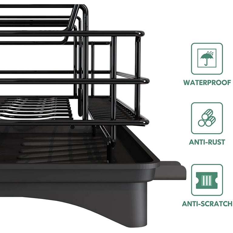 Aoibox 2 Tier Black Countertop Dish Rack, Anti-rust Dish Drying Drainer Shelf with Tableware Holder Cup Holder, Drainboard Set