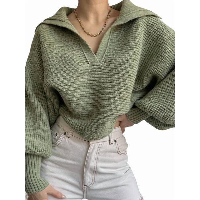 Women Long Sleeve Sweaters Oversized Stretch Fitted Pullover Sweater Ribbed Solid Color Knit Jumper Tops Green M