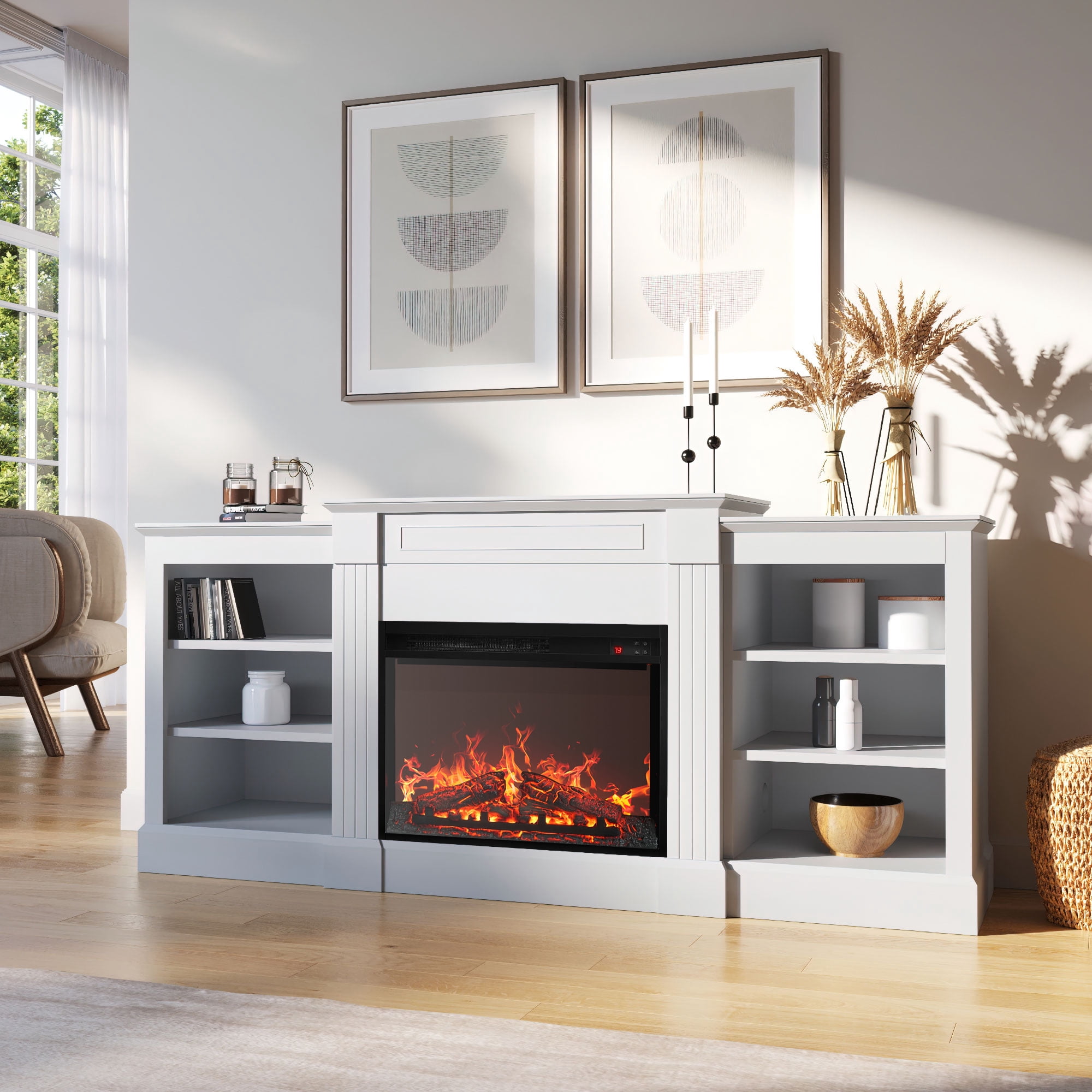 BELLEZE 66" Mantel TV Stand Entertainment Center For TVs up to 66" with 23" Fireplace - Lenore (White)