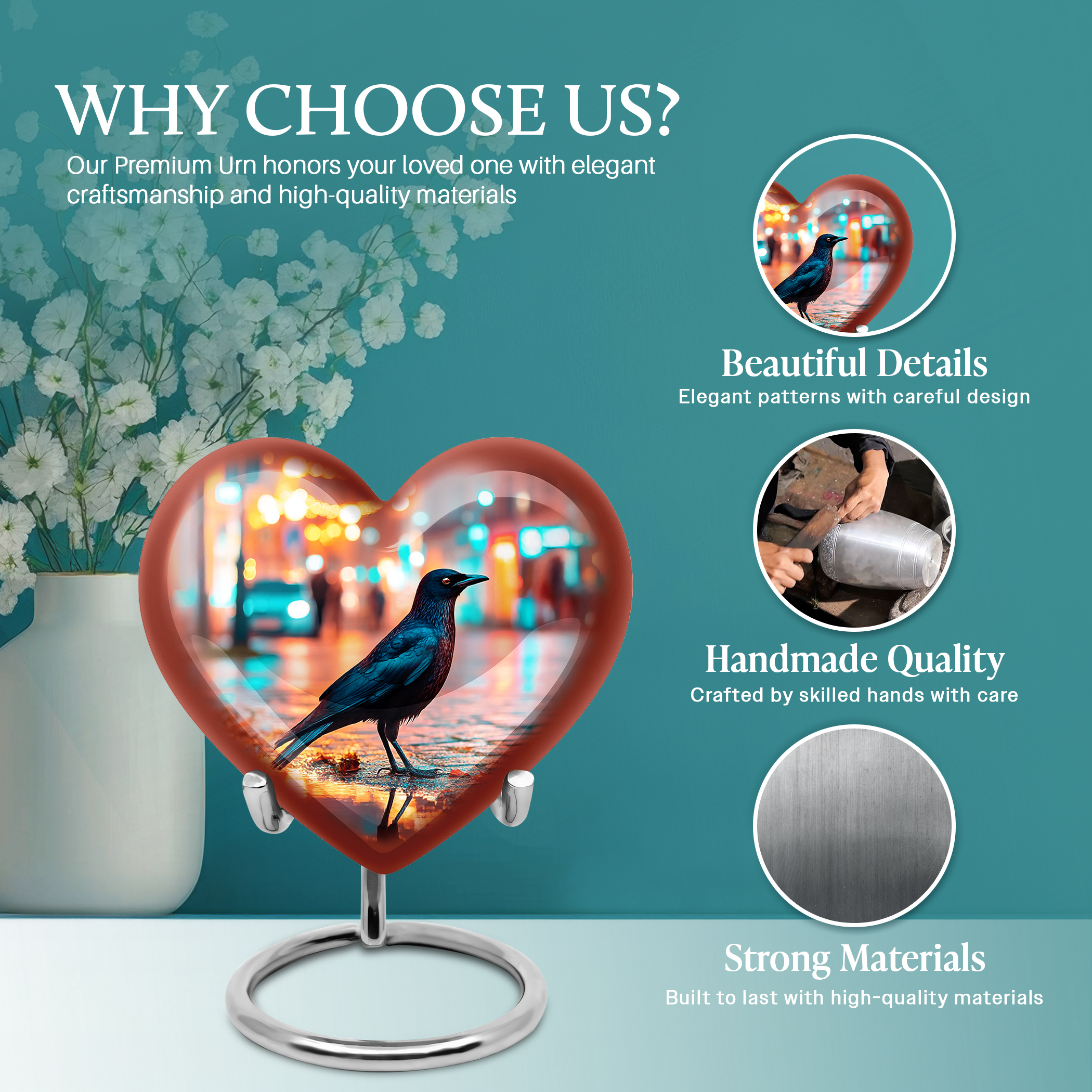 SABURIAL Crow Urn - Large Burial Urn Human - Combo - 8 Inch Large With 3 Inch - Ashes Keepsake - Memorial Urns For Adult - Funeral Urns For Men & Women