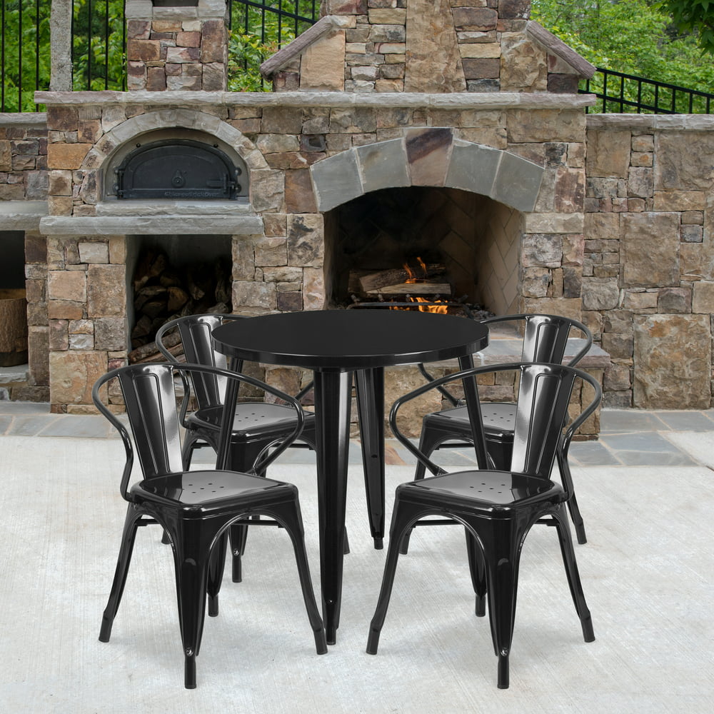 Flash Furniture Commercial Grade 30" Round Black Metal IndoorOutdoor Table Set with 4 Arm