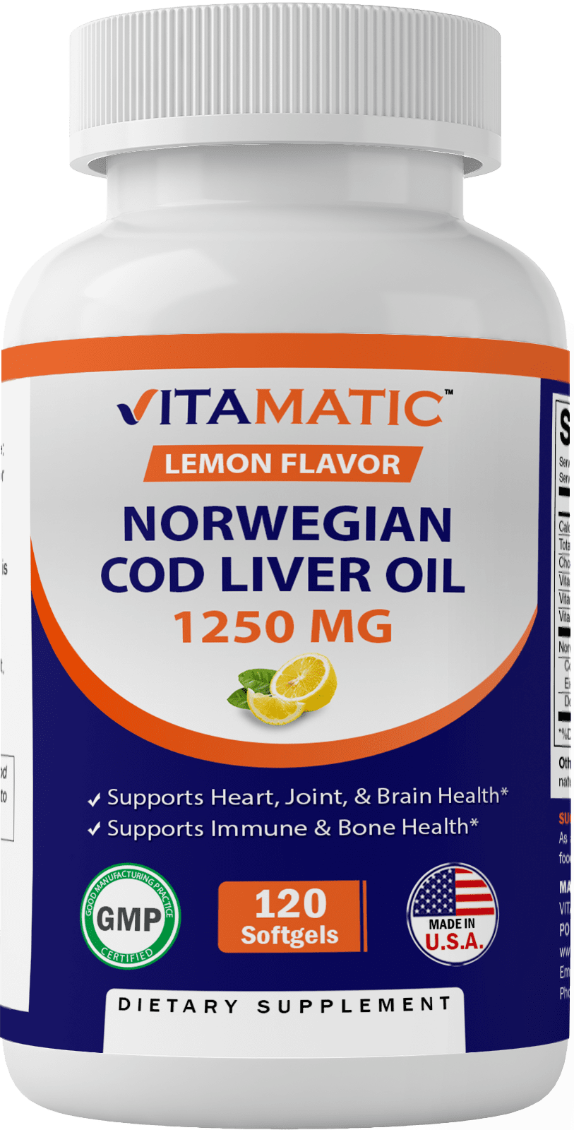 Vitamatic Norwegian Cod Liver Oil 1250mg 120 Softgels (Lemon Flavor) - Promotes Cardiovascular Health