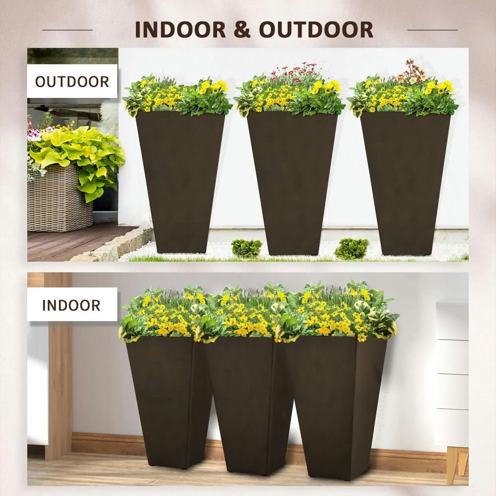 Spaco 28 Feet Tall Plastic Planters Set of 3, Flower Pot, Anti-crack, Fade-resistant, Square Shape with A Matte Surface, Outdoor & Indoor, for lawns, patios, yards, Brown